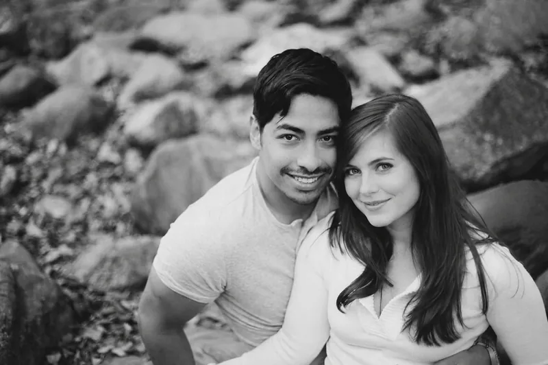Black-and-white portrait of Daniel and Jordan, the married owners of Daniel Jordan Salon