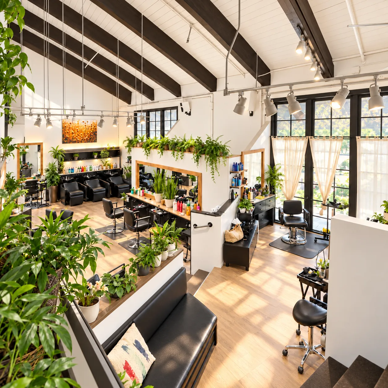 Warm salon interior with greenery, wood ceiling beams and styling stations