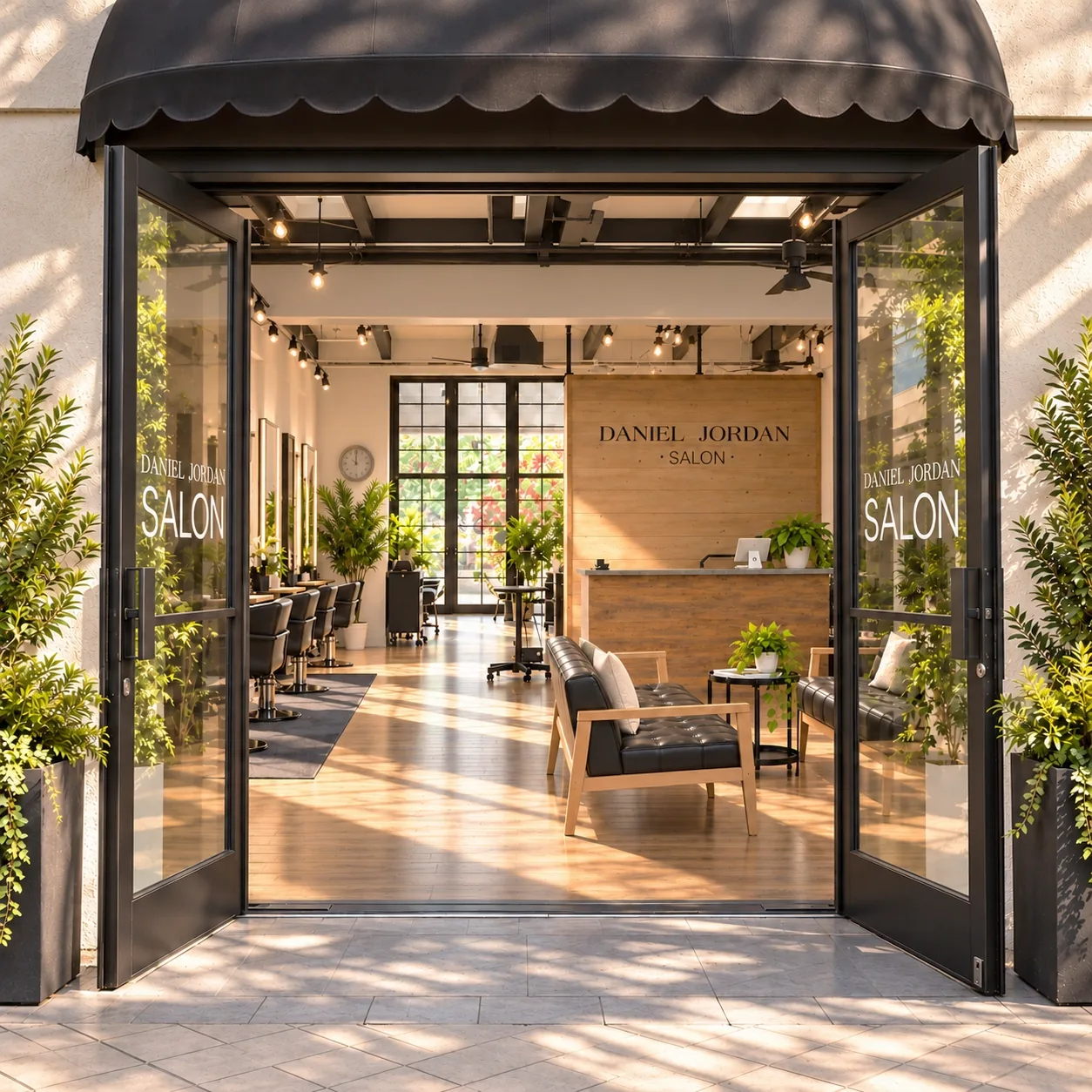 Salon entrance with open doors and Daniel Jordan signage