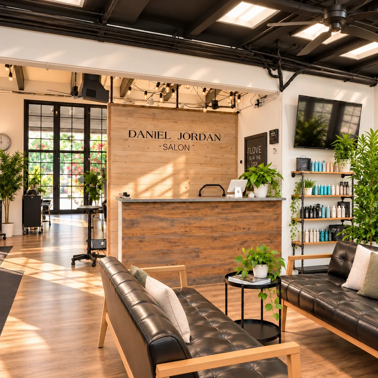 Daniel Jordan salon reception area with wooden desk and seating