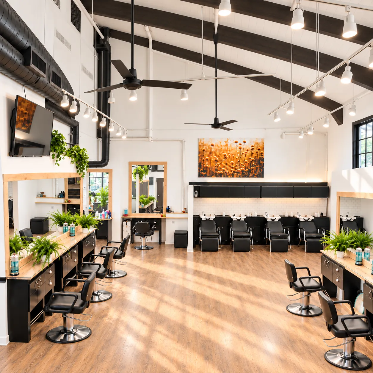 Salon styling stations with chairs, mirrors and shampoo area